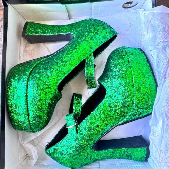 Ellie 5” Chunky Heel Green Glitter Mary Jane – Size 7 – NIB - Picture 3 of 9
